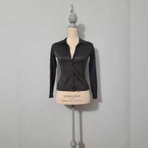 BEBE Vintage Y2K Black Metallic Shiny Button-Up‎ Long Sleeve Shirt Small